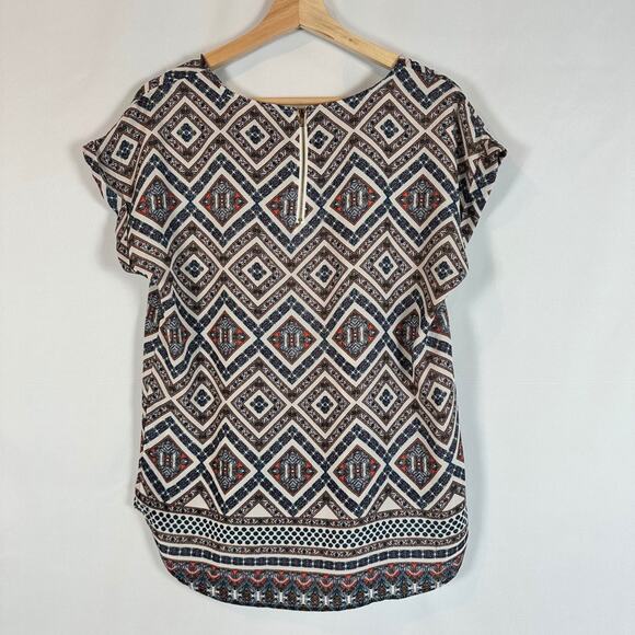 Pink Republic Aztec Short Sleeve Multicolored High Low Womens Blouse  Size L - Picture 6 of 13